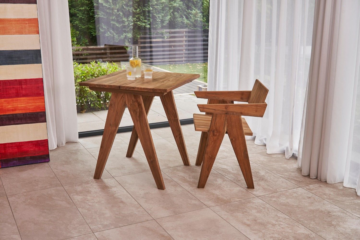 Natural Teak Wood Accent Chair with Angled Backrest and Sculpted Arm Design - Home Furniture Interiors