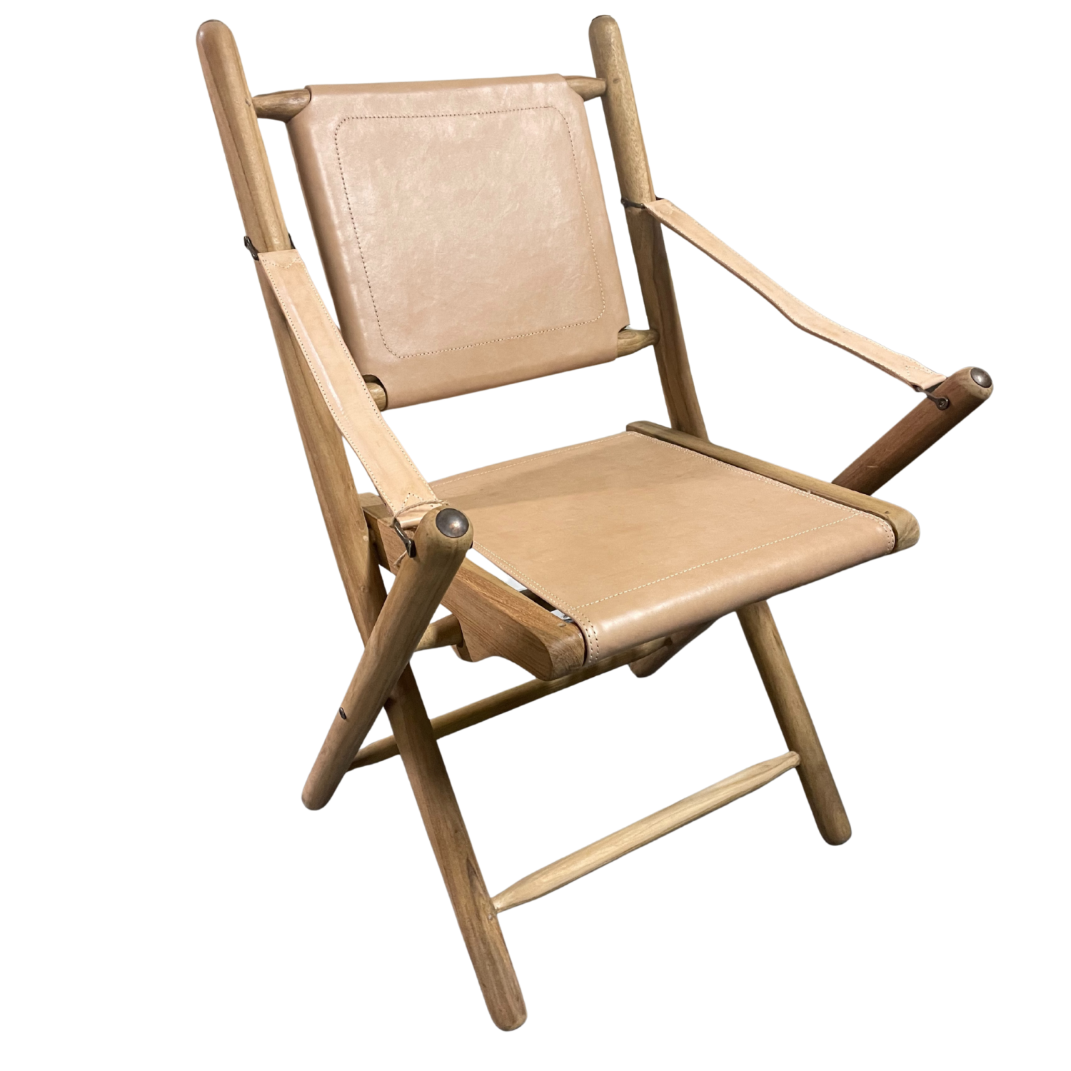 Natural Wood and Leather Folding Campaign Chair with Arm Supports
