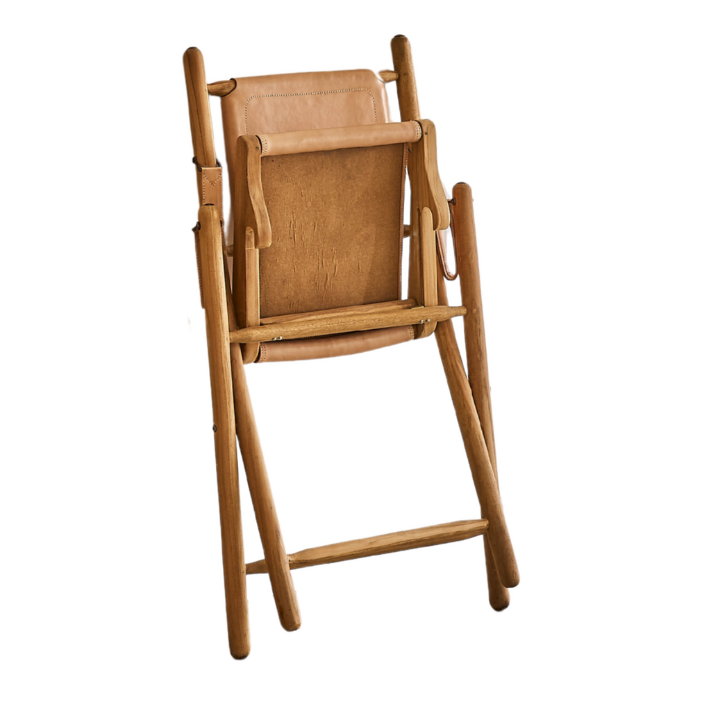 Natural Wood and Leather Folding Campaign Chair with Arm Supports - Home Furniture Interiors