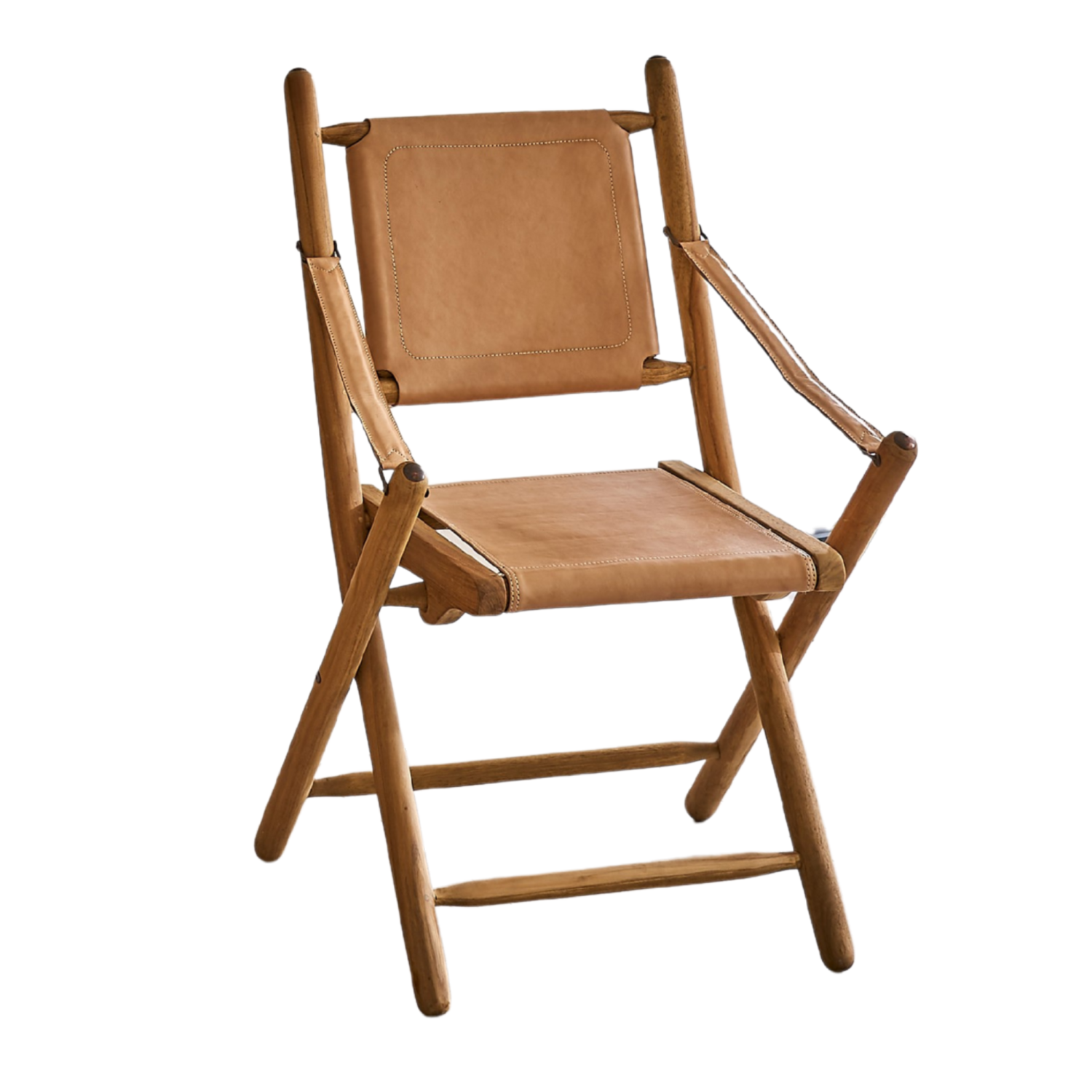 Natural Wood and Leather Folding Campaign Chair with Arm Supports - Home Furniture Interiors