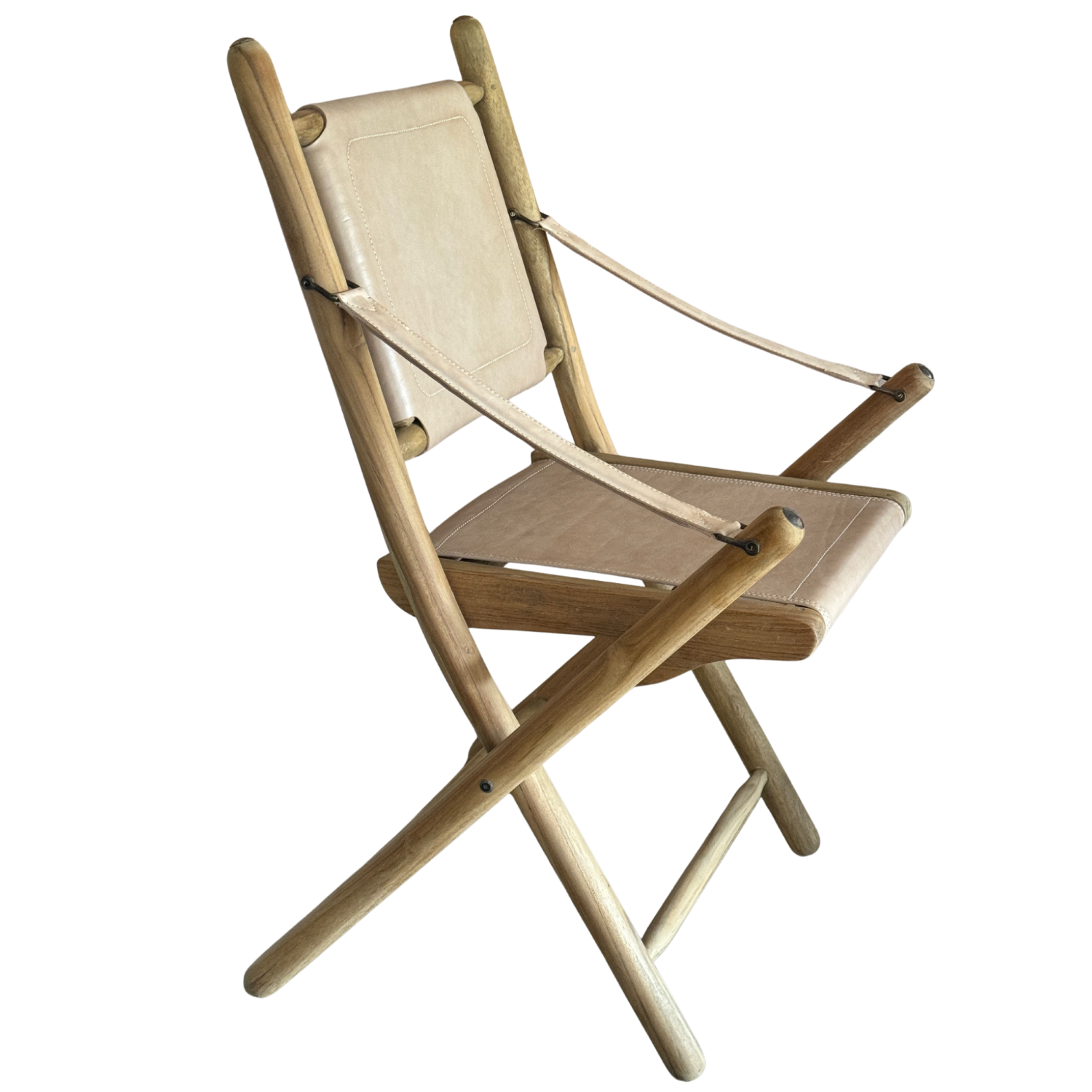 Natural Wood and Leather Folding Campaign Chair with Arm Supports - Home Furniture Interiors
