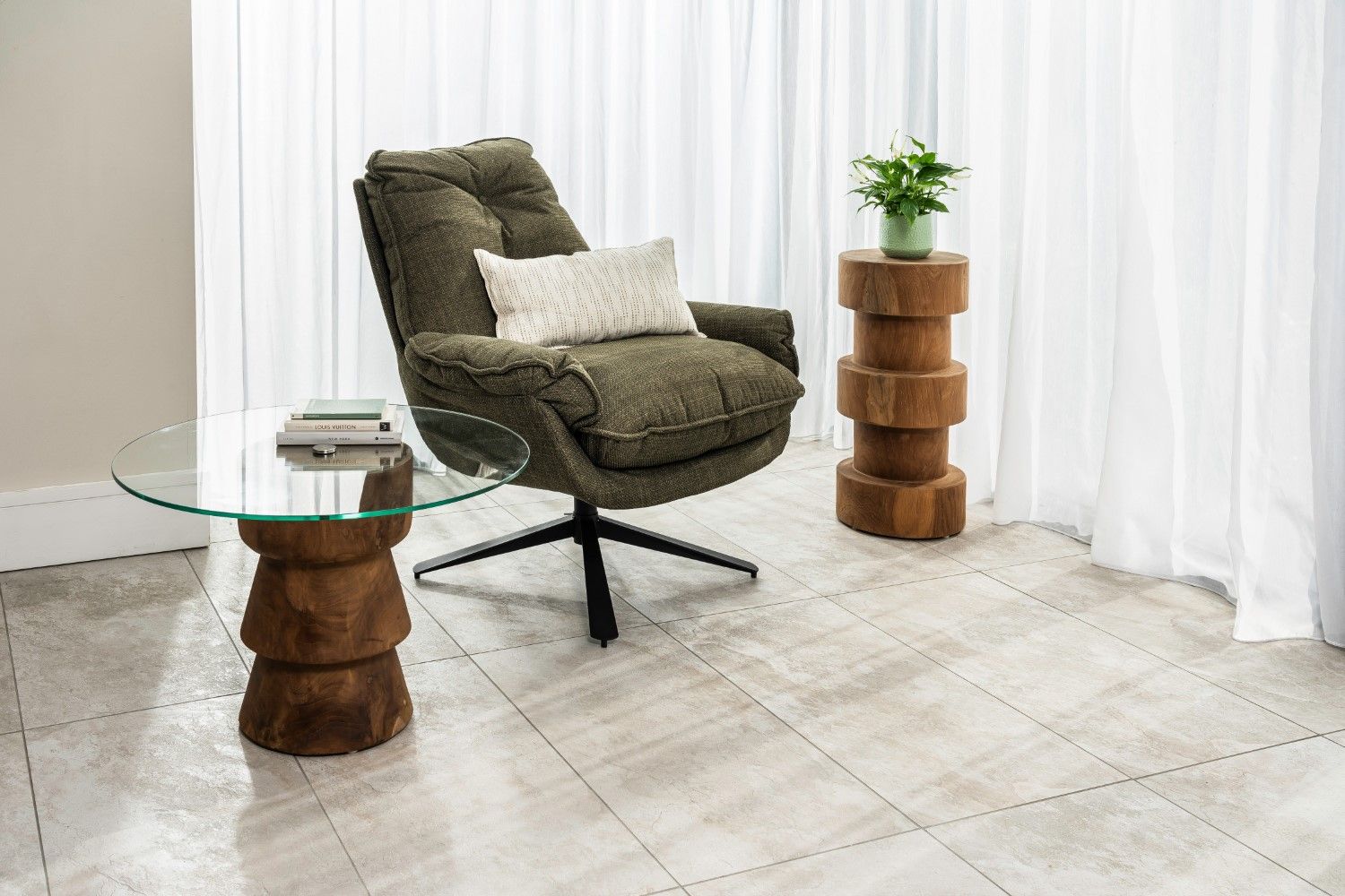 Green Plush Cushioning Twill Easy Armchair with Black Swivel Base - Home Furniture Interiors