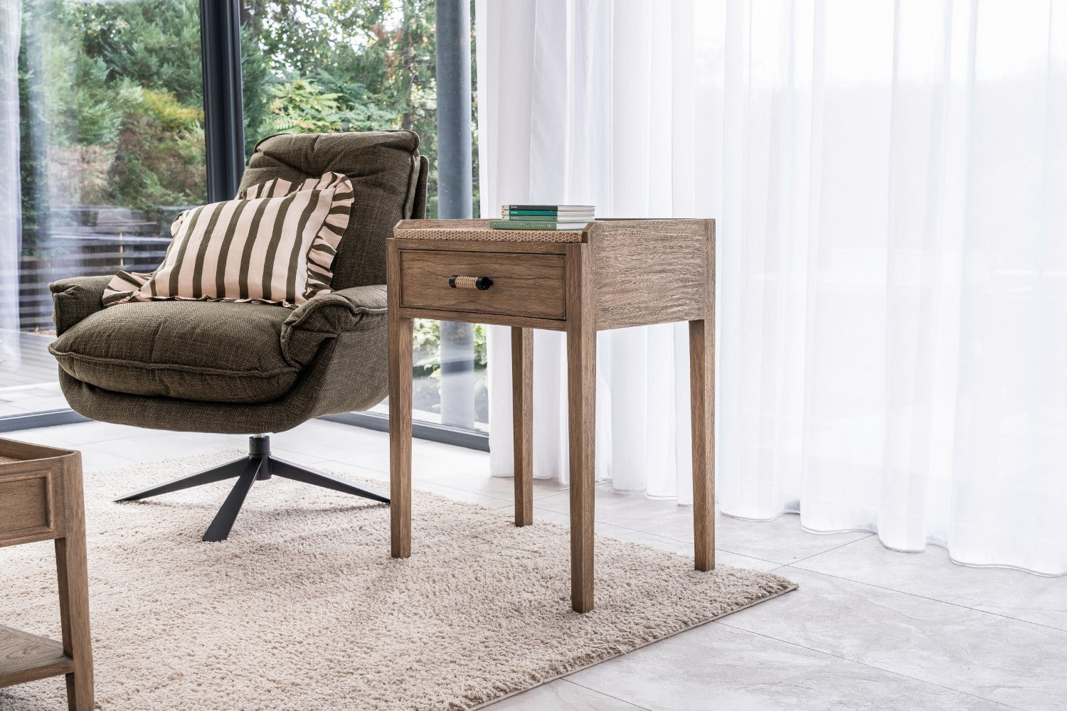 Green Plush Cushioning Twill Easy Armchair with Black Swivel Base - Home Furniture Interiors