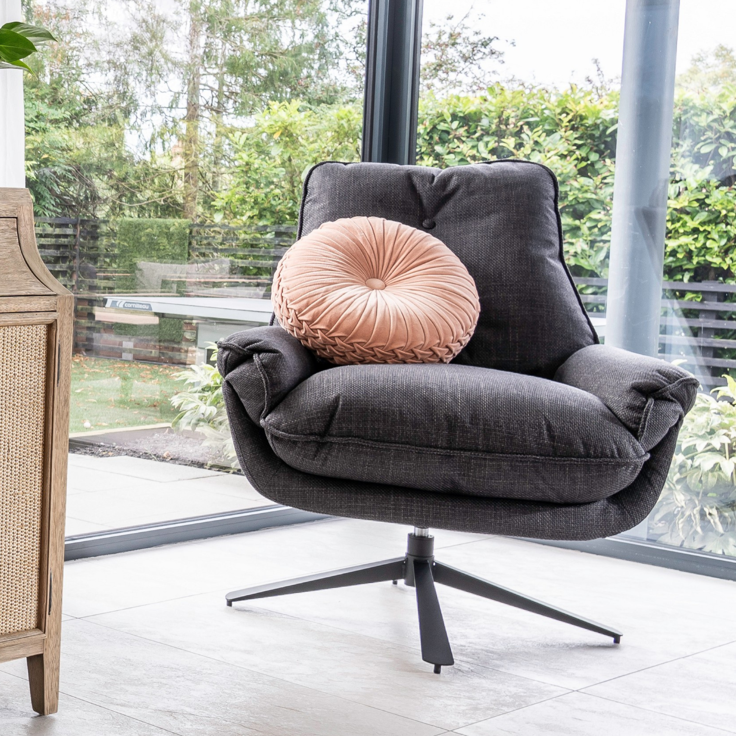 Grey Plush Cushioning Twill Easy Armchair with Black Swivel Base - Home Furniture Interiors