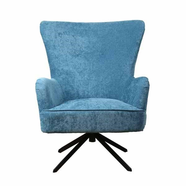 Contemporary Blue Chenille Swivel Wing Back Armchair with Steel Base