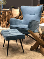 Contemporary Blue Chenille Swivel Wing Back Armchair with Steel Base - Home Furniture Interiors