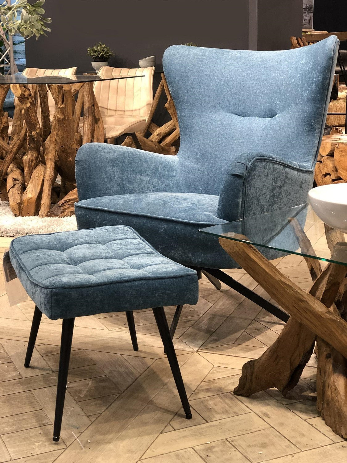 Contemporary Blue Chenille Swivel Wing Back Armchair with Steel Base - Home Furniture Interiors