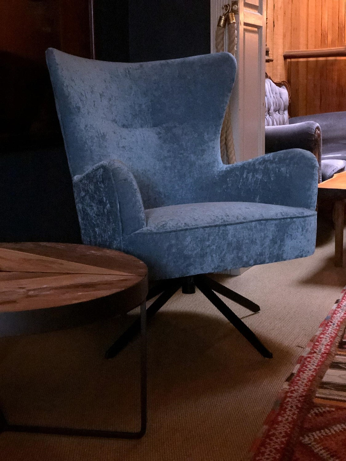 Contemporary Blue Chenille Swivel Wing Back Armchair with Steel Base - Home Furniture Interiors