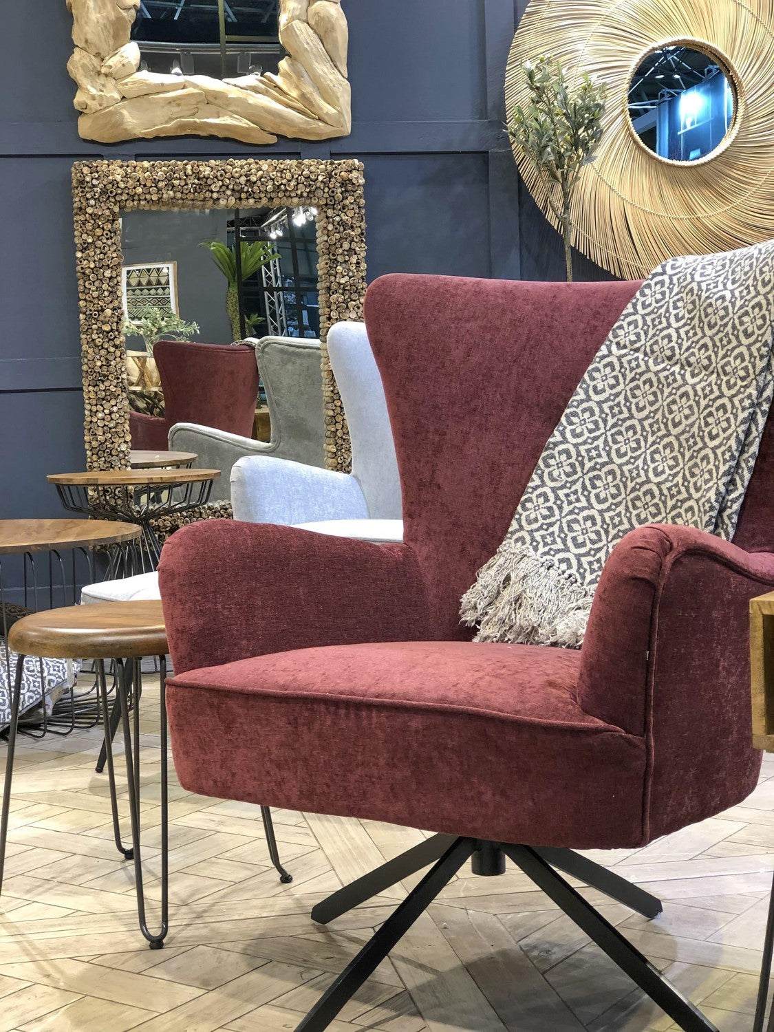 Contemporary Red Chenille Swivel Wing Back Armchair with Steel Base - Home Furniture Interiors
