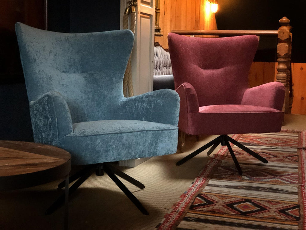 Contemporary Red Chenille Swivel Wing Back Armchair with Steel Base - Home Furniture Interiors