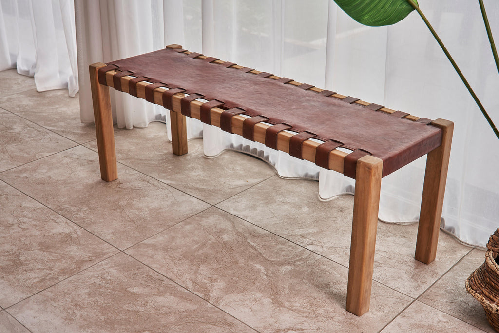 Artisan Brown Woven Natural Leather and Wooden Bench