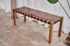 Artisan Brown Woven Natural Leather and Wooden Bench