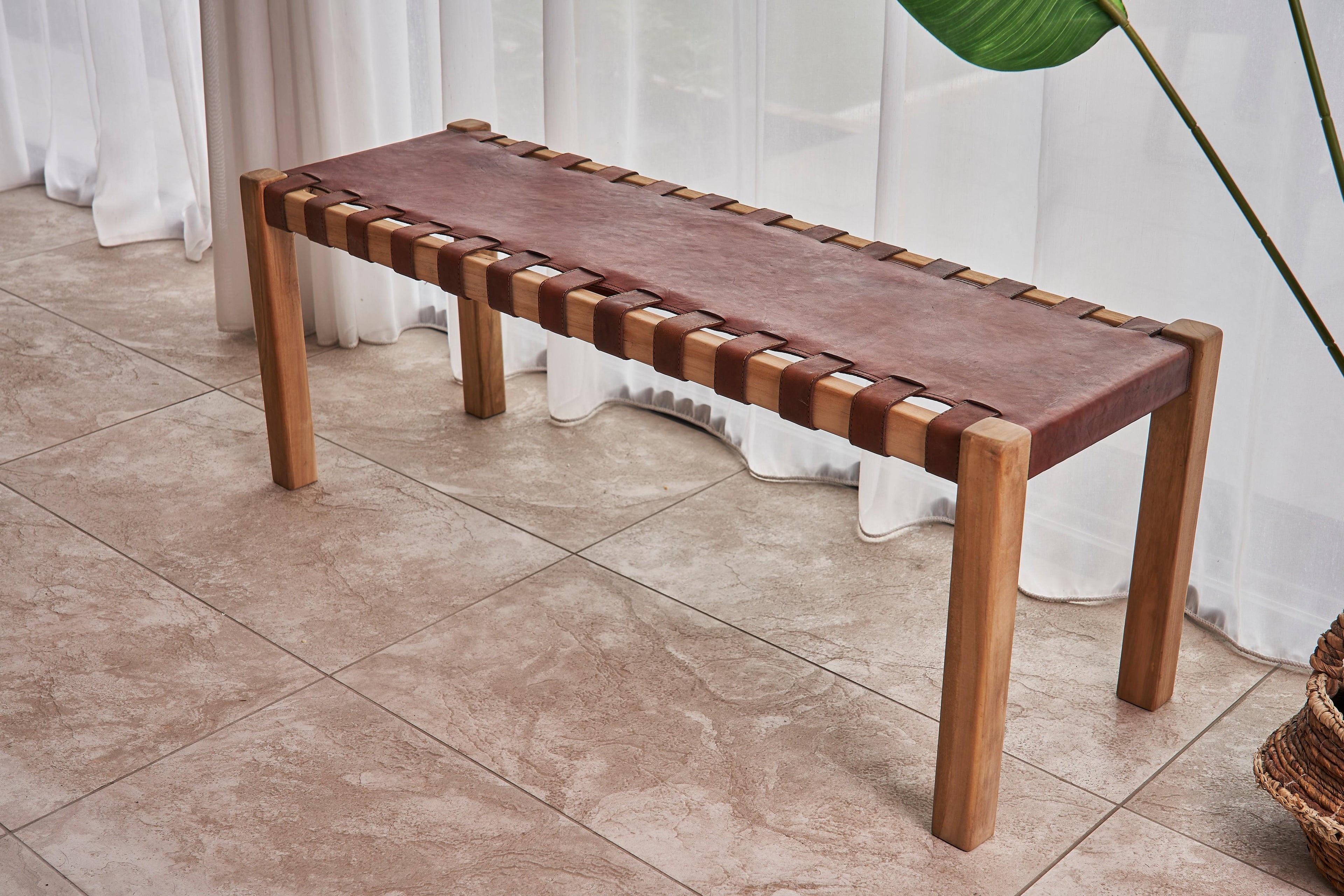 Artisan Brown Woven Natural Leather and Wooden Bench