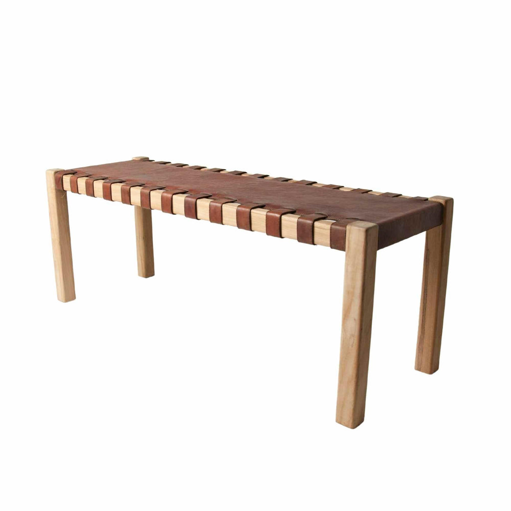 Artisan Brown Woven Natural Leather and Wooden Bench - Home Furniture Interiors