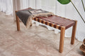 Artisan Brown Woven Natural Leather and Wooden Bench - Home Furniture Interiors