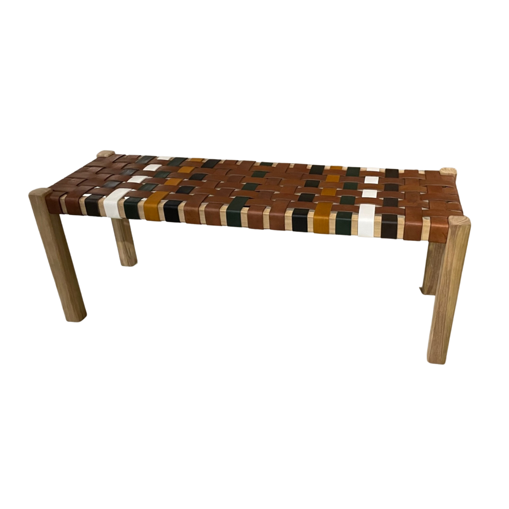 Artisan Natural Wood Bench with Multicoloured Leather Weave Seat