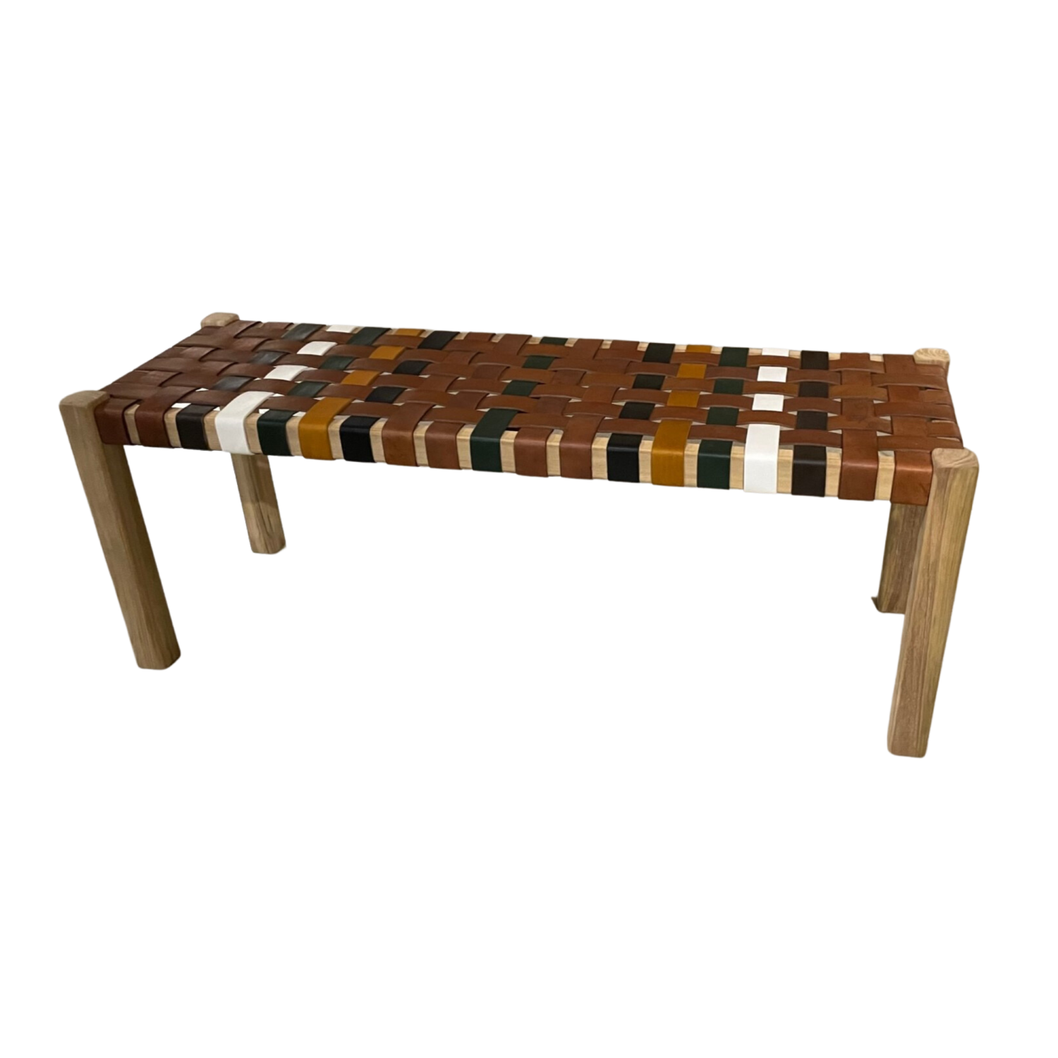 Artisan Natural Wood Bench with Multicoloured Leather Weave Seat