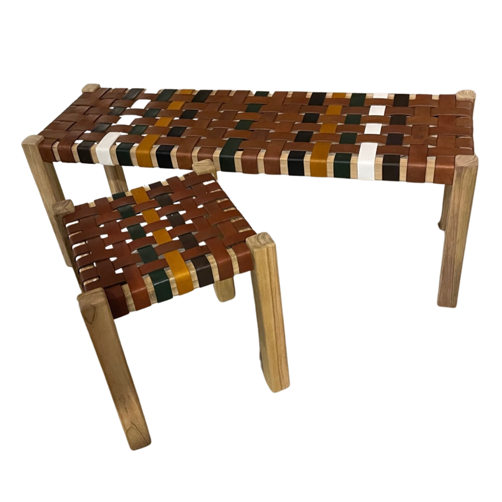 Artisan Natural Wood Bench with Multicoloured Leather Weave Seat - Home Furniture Interiors