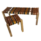Artisan Natural Wood Bench with Multicoloured Leather Weave Seat - Home Furniture Interiors