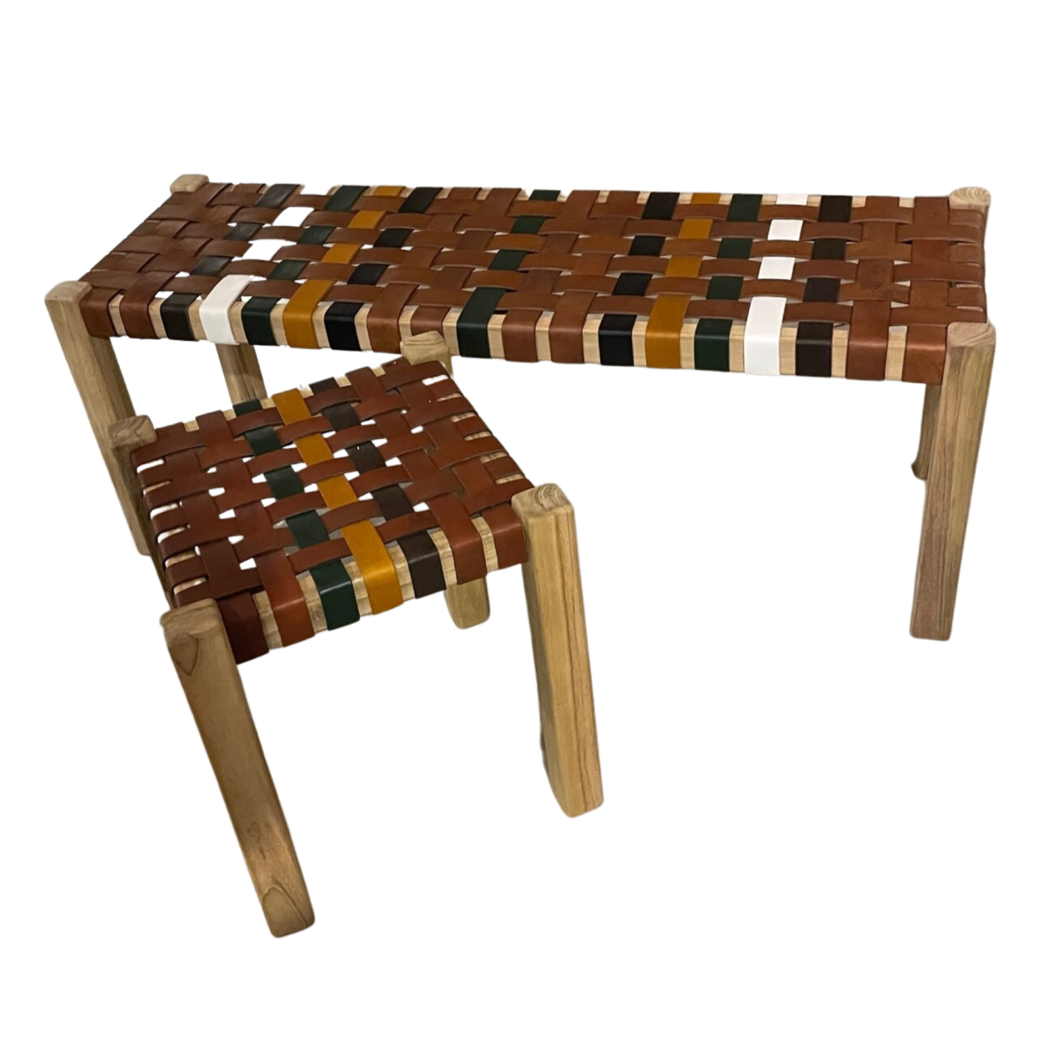 Artisan Natural Wood Bench with Multicoloured Leather Weave Seat - Home Furniture Interiors