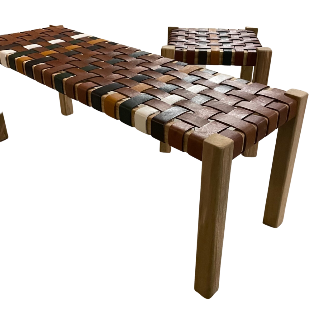Artisan Natural Wood Bench with Multicoloured Leather Weave Seat - Home Furniture Interiors