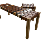 Artisan Natural Wood Bench with Multicoloured Leather Weave Seat - Home Furniture Interiors