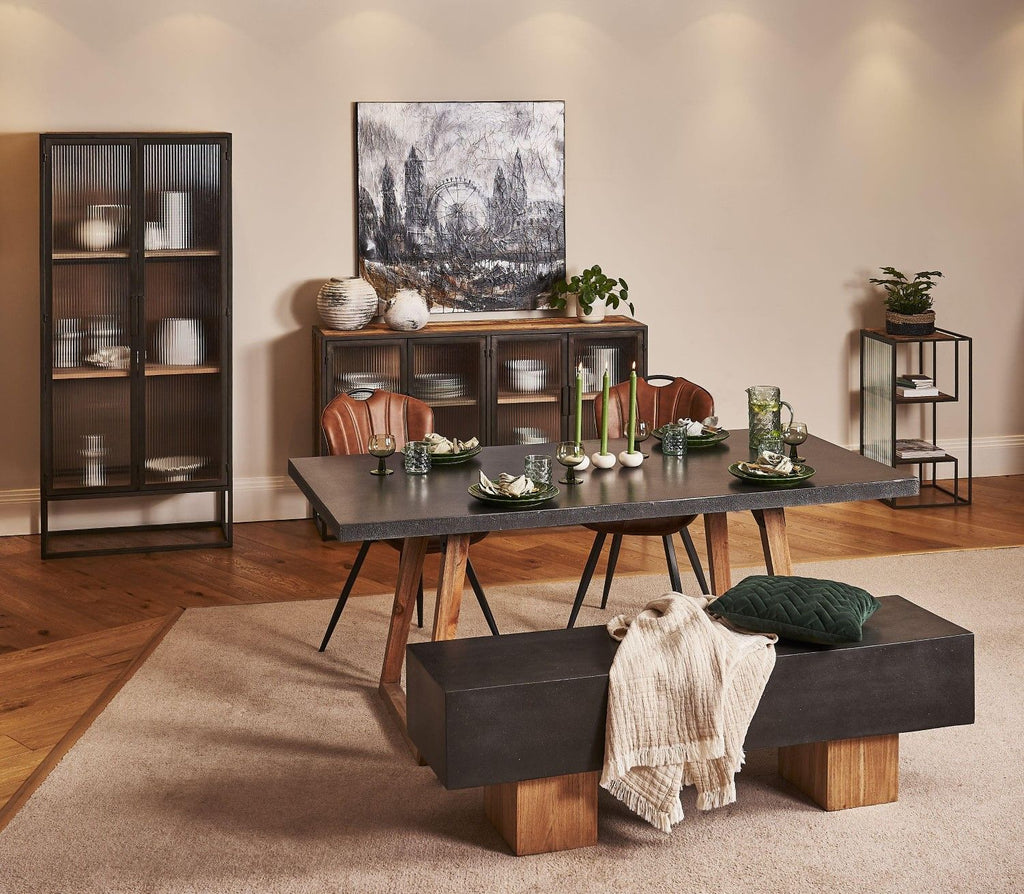 Dark Steel Polymer Concrete Bench with Mindi Wood Base - Home Furniture Interiors