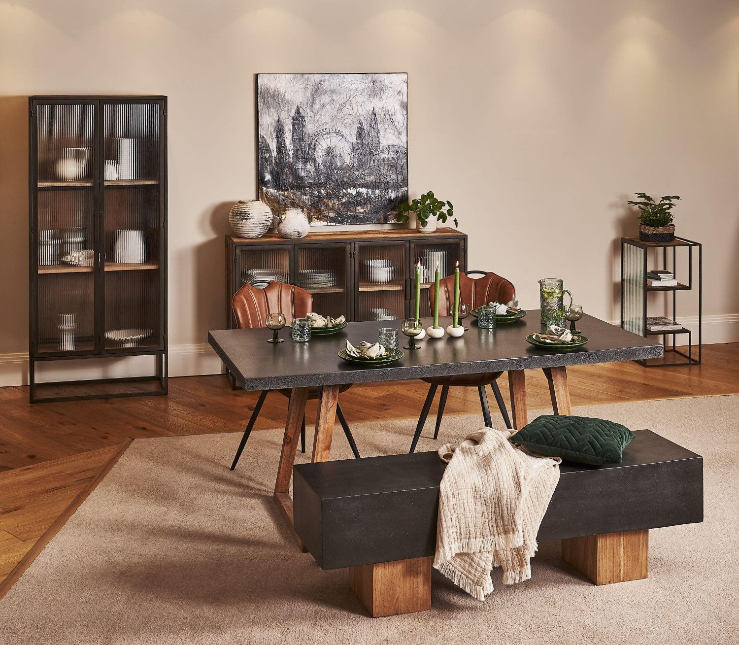 Dark Steel Polymer Concrete Bench with Mindi Wood Base - Home Furniture Interiors