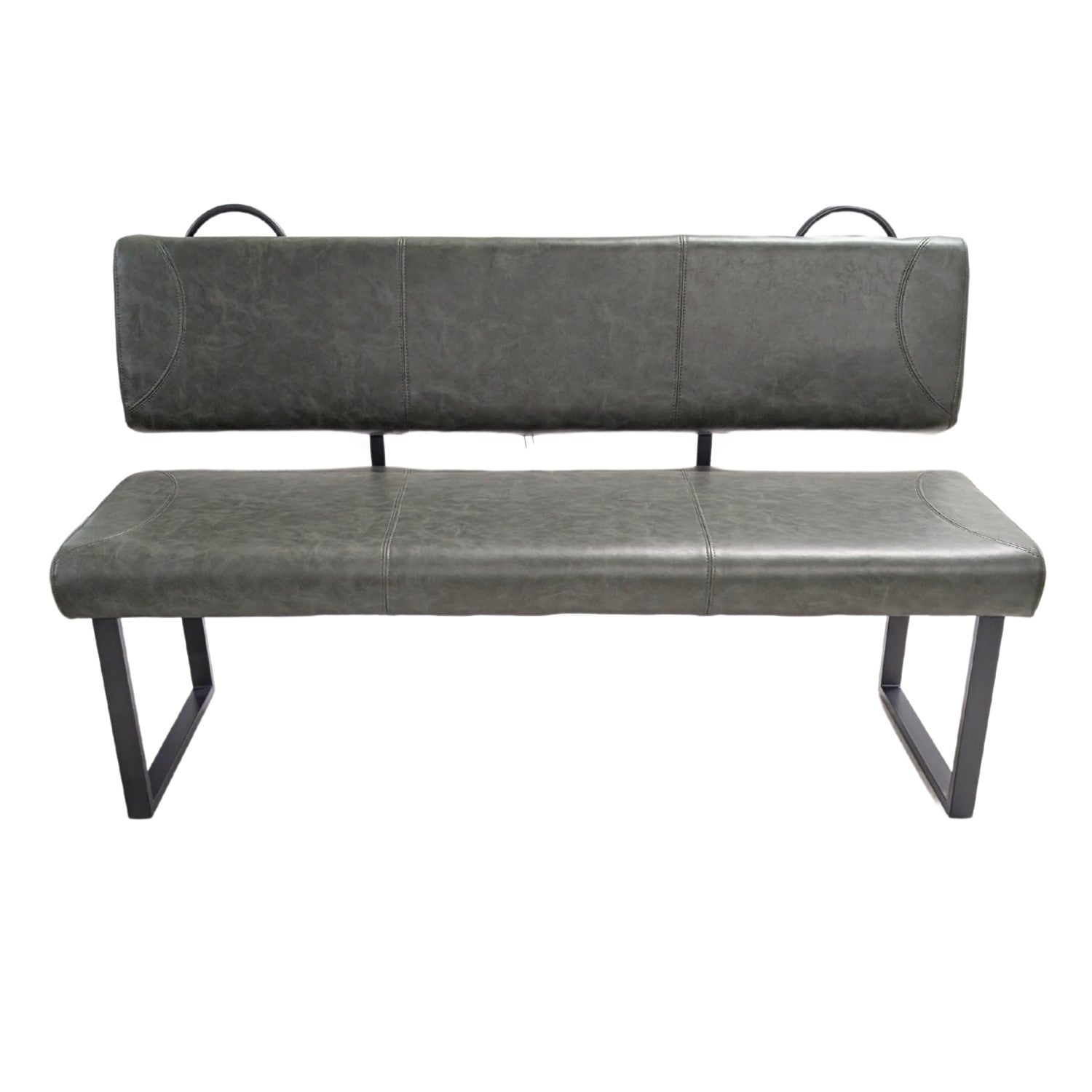 Dark Green Vegan Leather Dining Bench with Padded Backrest