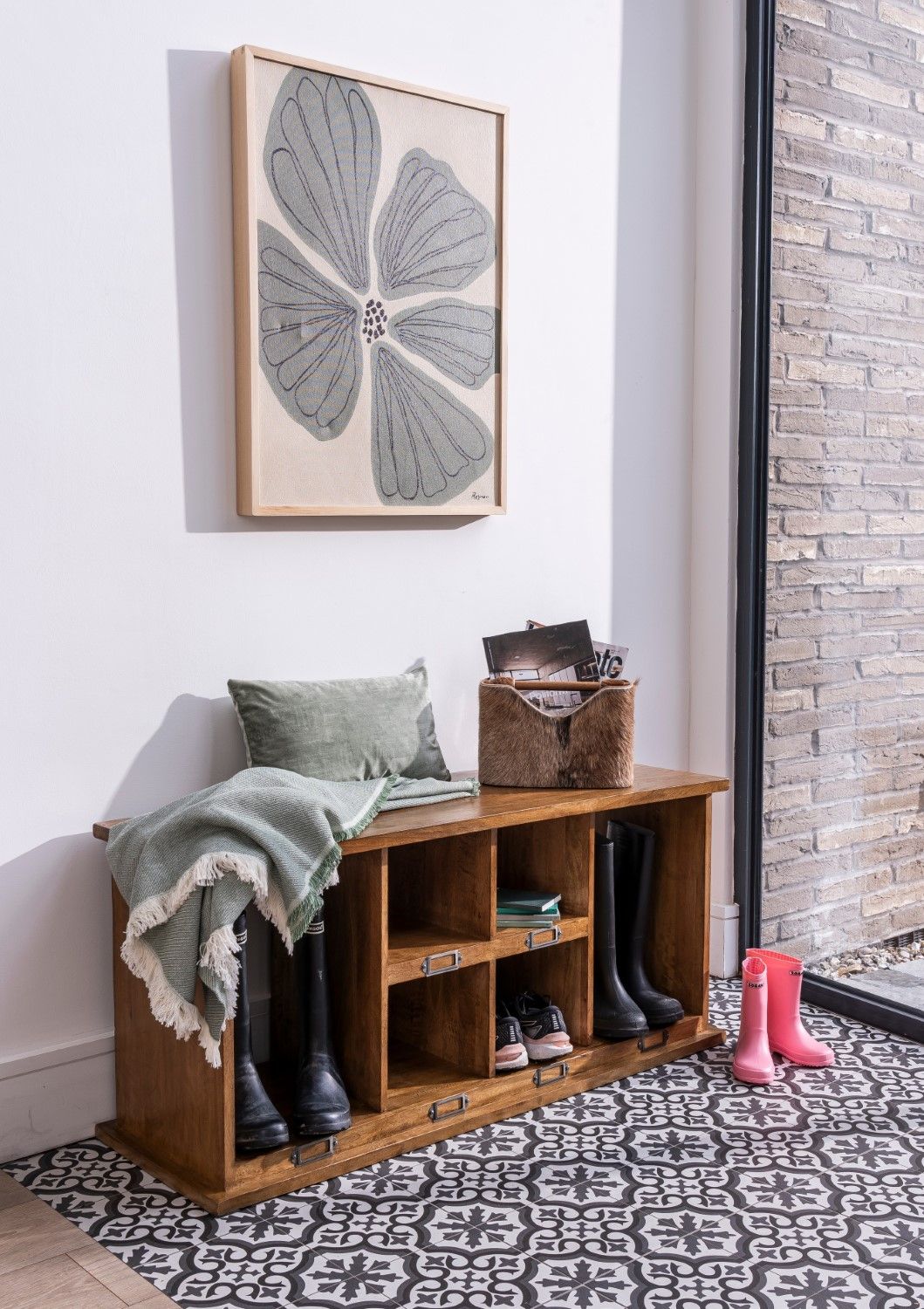 Modern Brown Natural Wood Boot Hallway Bench with Open Storage