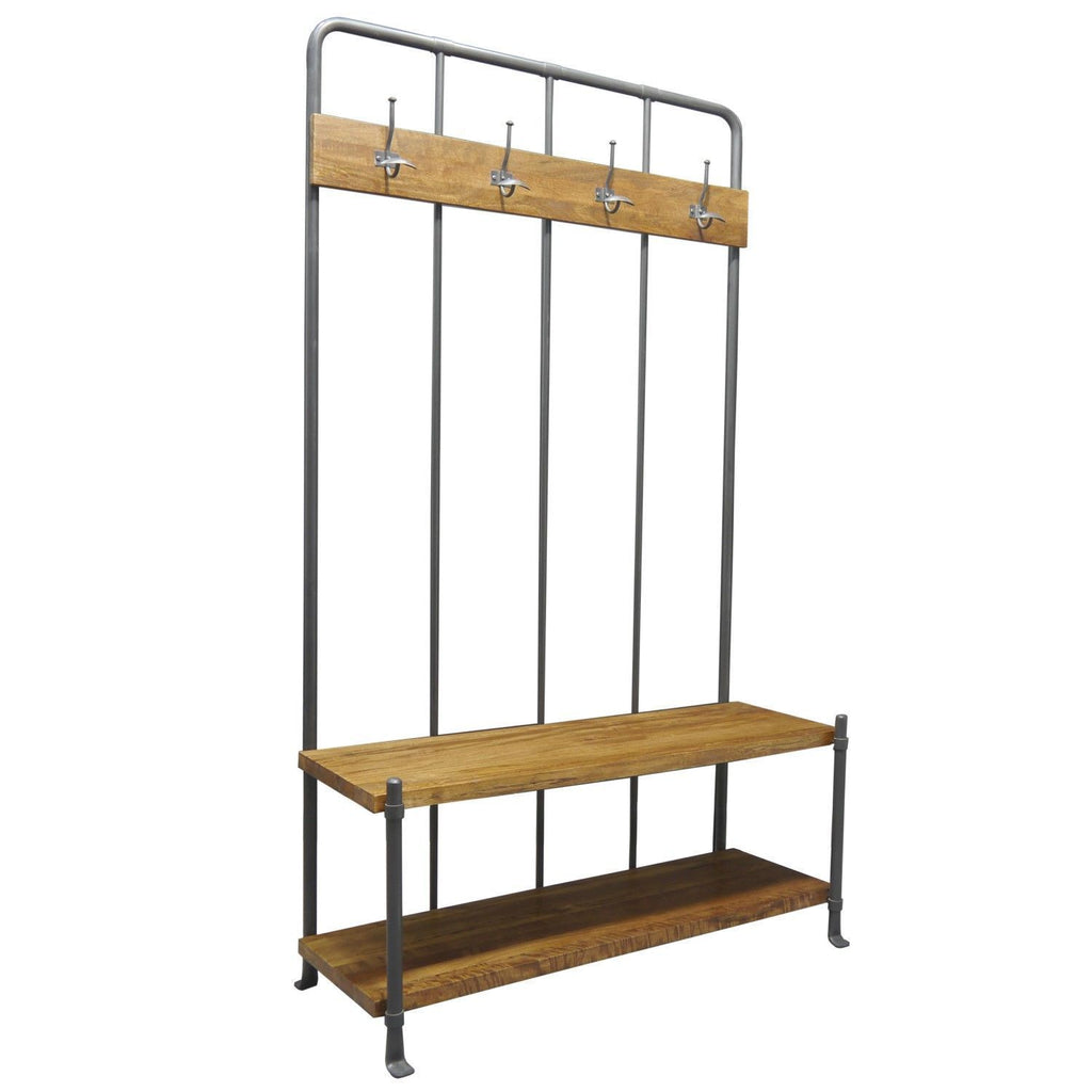 Grey Mango Wood and Black Steel Hall Bench with Coat Rack