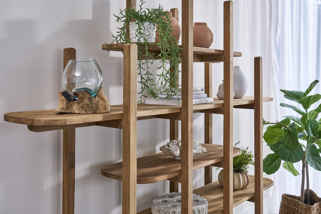 Modern Solid Wood Medium Bookcase with Sculpted Open Display Shelves - Home Furniture Interiors