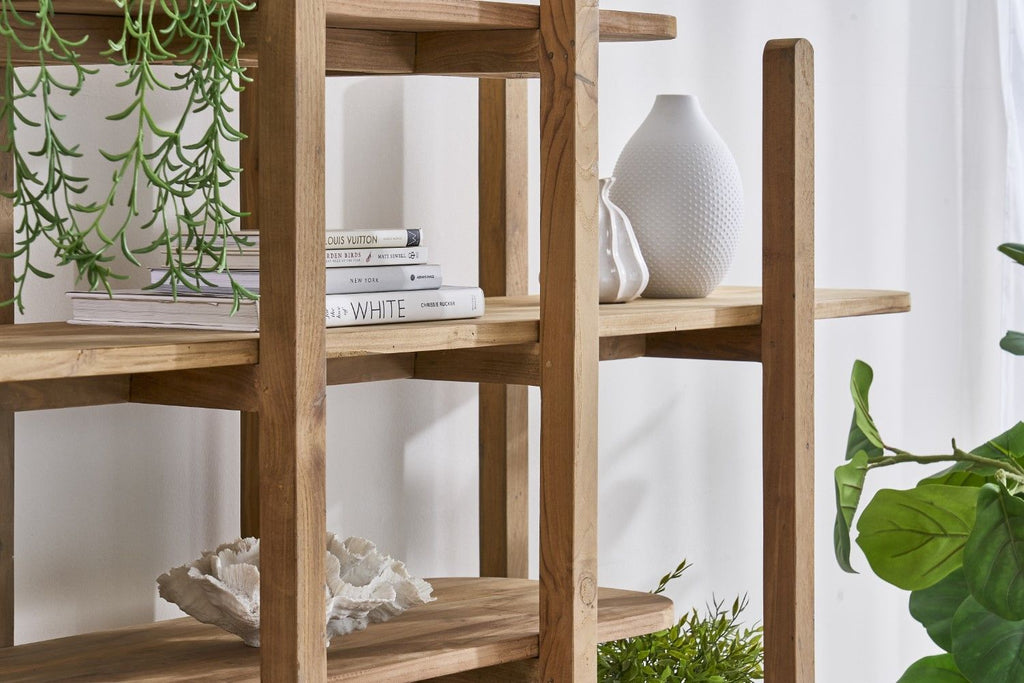 Modern Solid Wood Medium Bookcase with Sculpted Open Display Shelves - Home Furniture Interiors