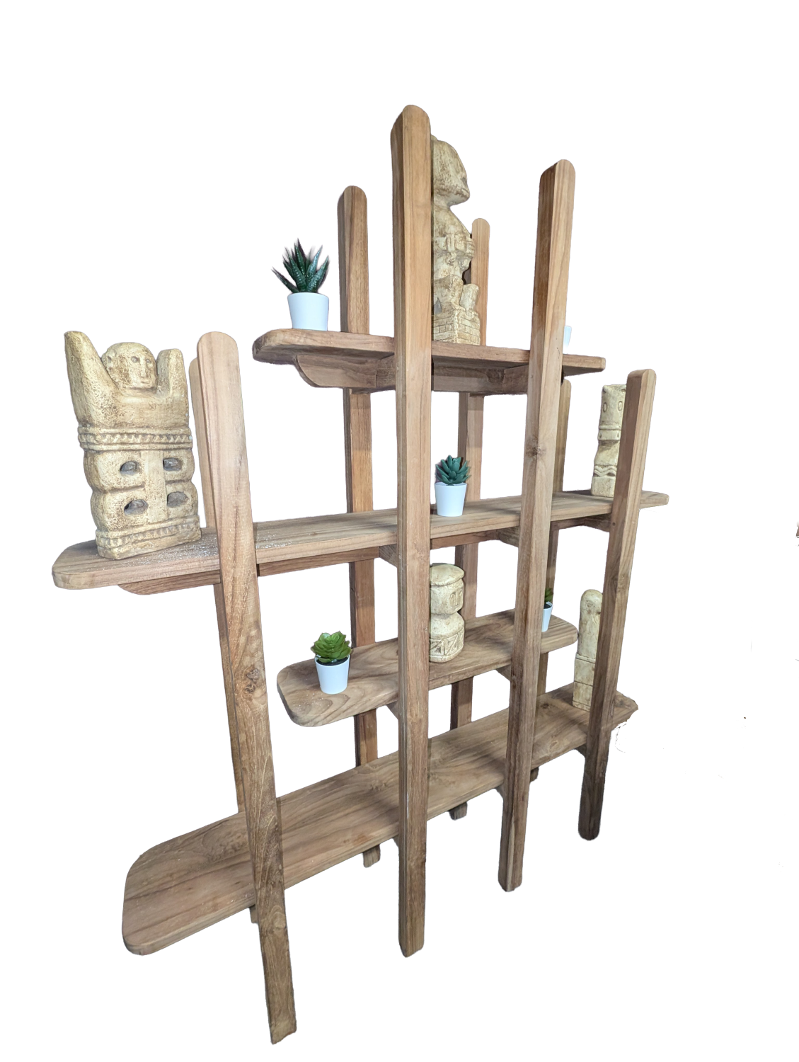 Rustic Teak Wood Small Open Bookcase with Multi Level Display Shelves