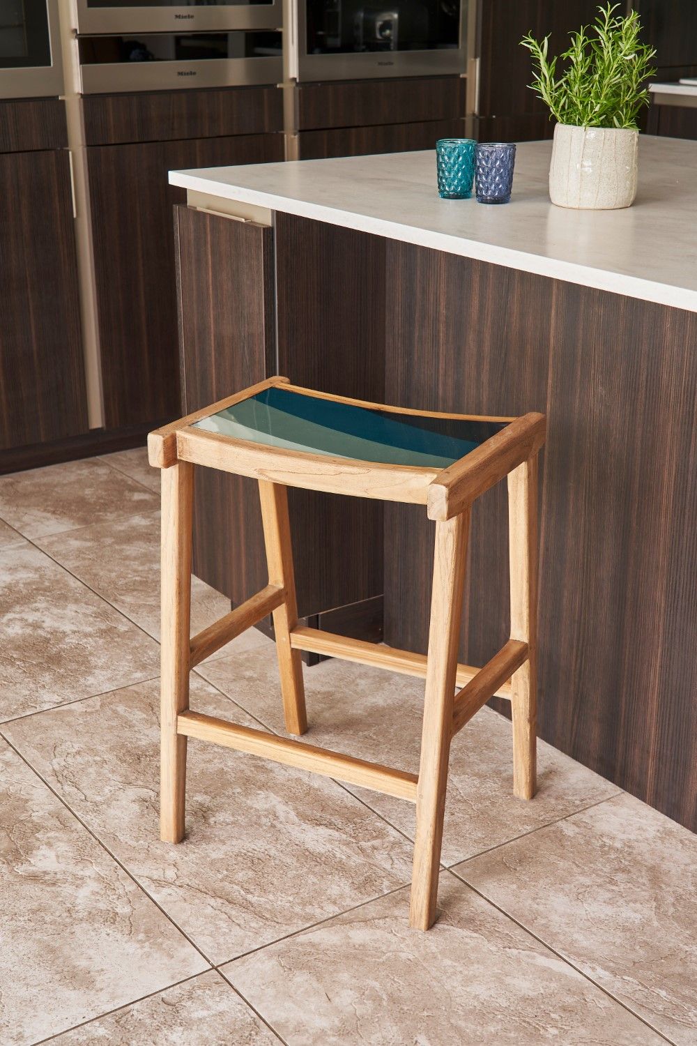 Artisan Natural Wood Counter Stool with Blue Resin Seat