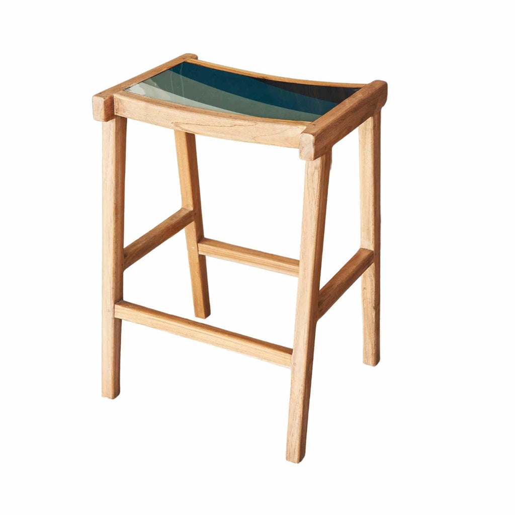 Artisan Natural Wood Counter Stool with Blue Resin Seat - Home Furniture Interiors