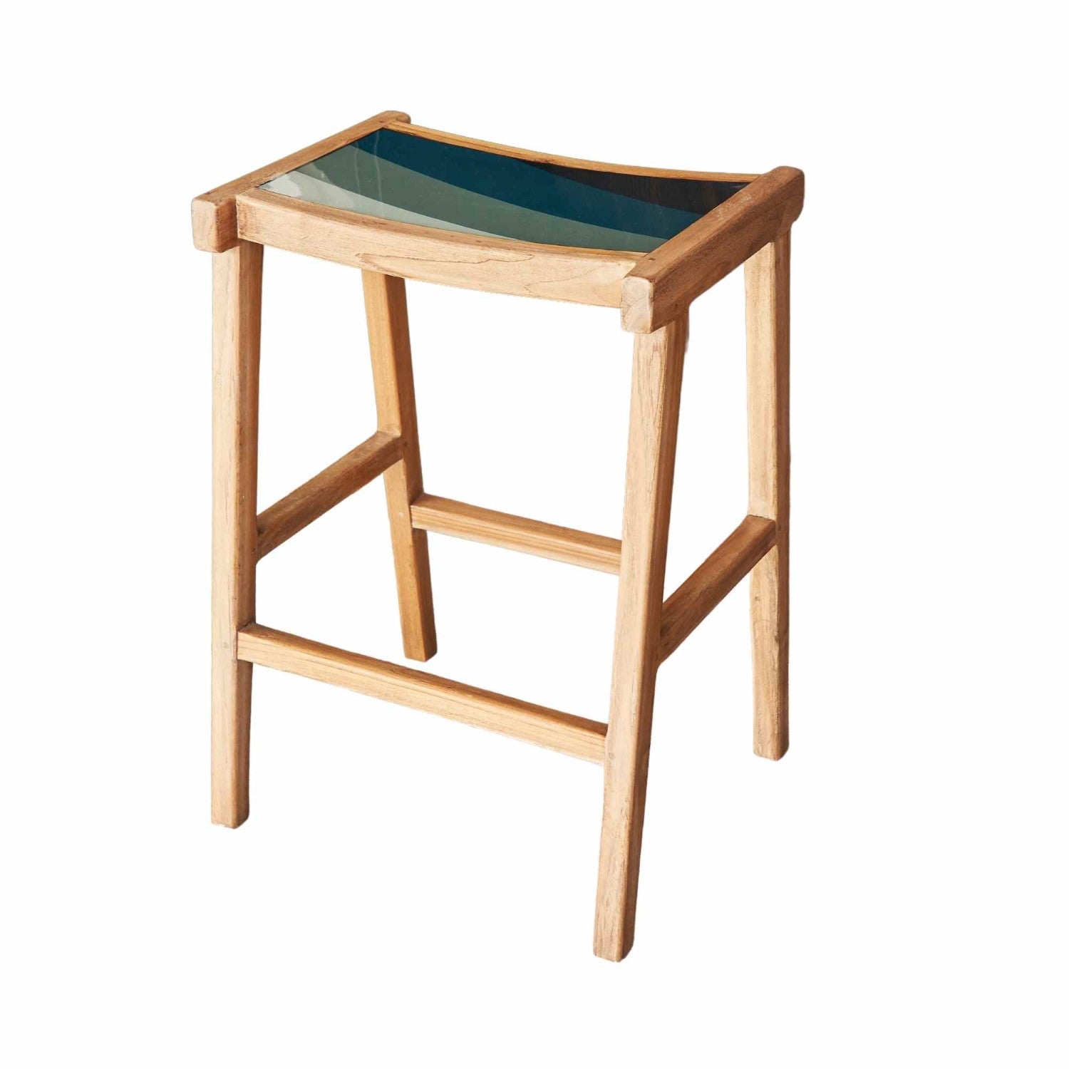 Artisan Natural Wood Counter Stool with Blue Resin Seat - Home Furniture Interiors