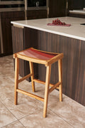 Artisan Natural Wood Counter Stool with Pink Resin Seat