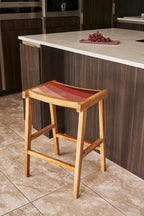 Artisan Natural Wood Counter Stool with Pink Resin Seat
