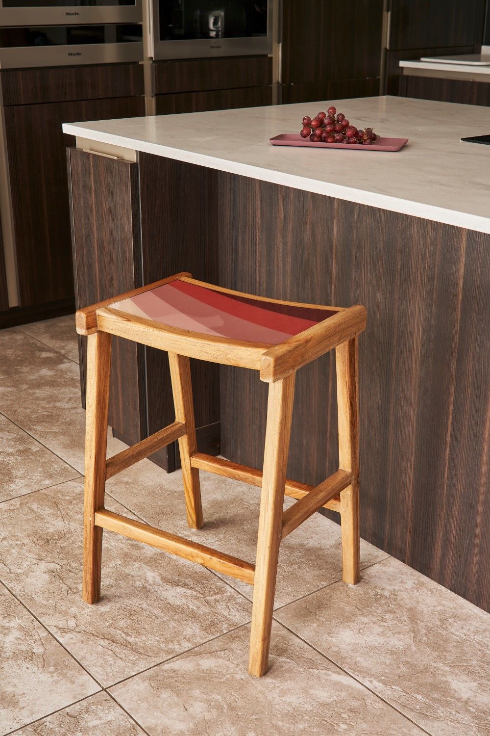 Artisan Natural Wood Counter Stool with Pink Resin Seat