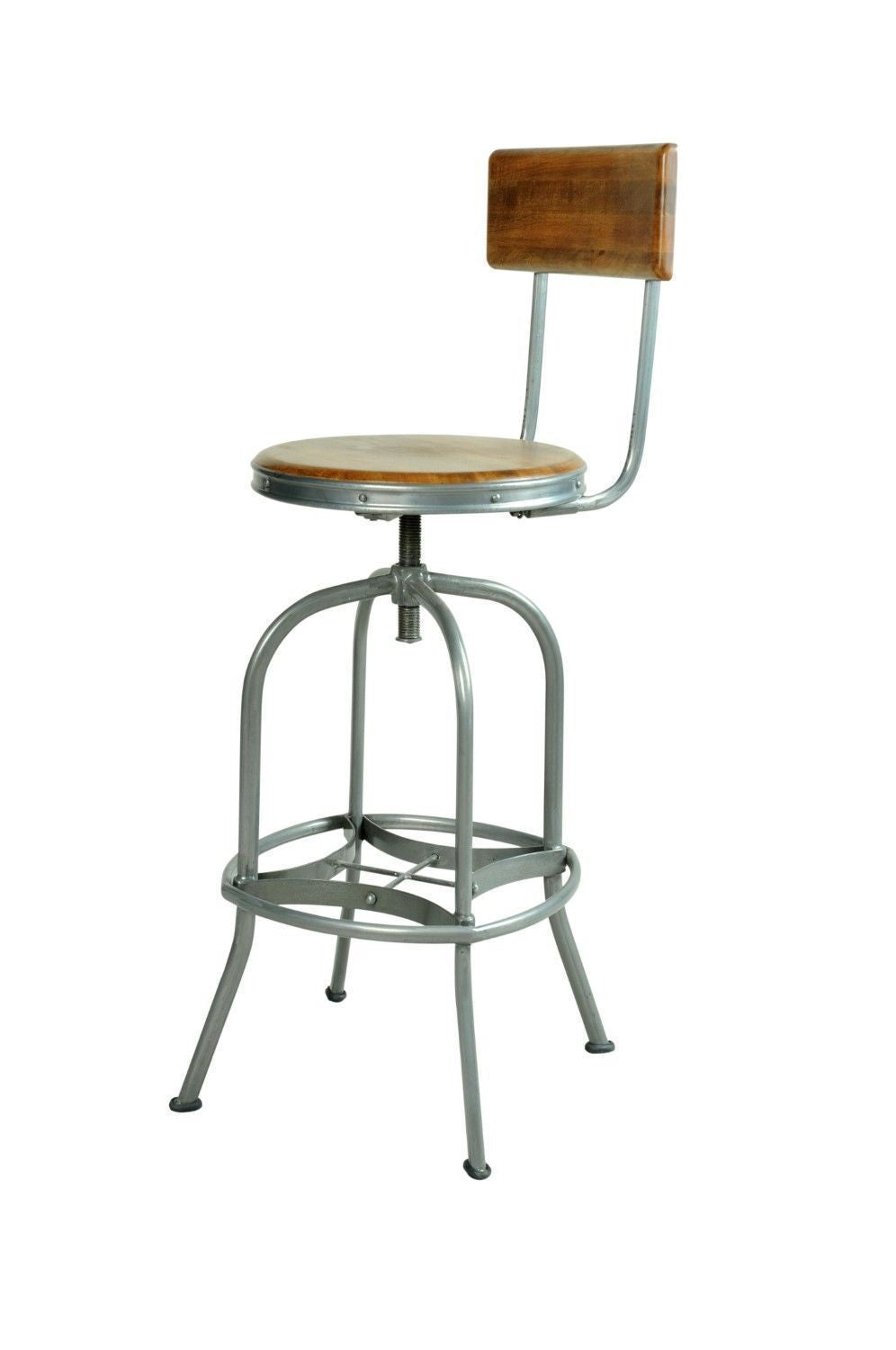 Industrial Round Mango Wood Swivel Adjustable Bar Stool with Backrest