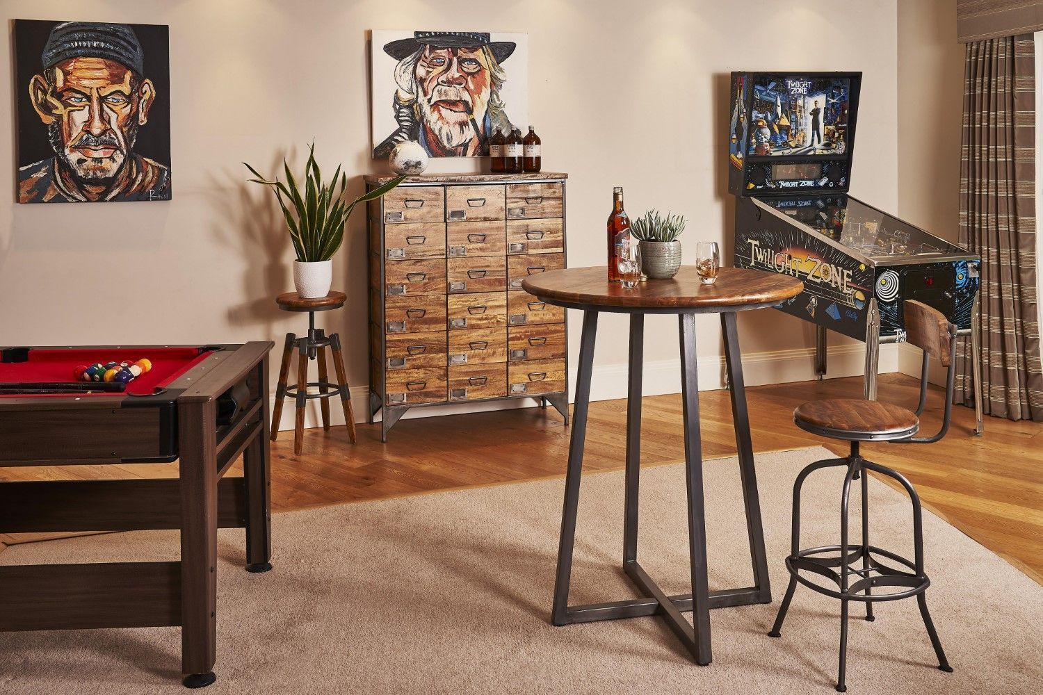 Industrial Round Mango Wood Swivel Adjustable Bar Stool with Backrest - Home Furniture Interiors