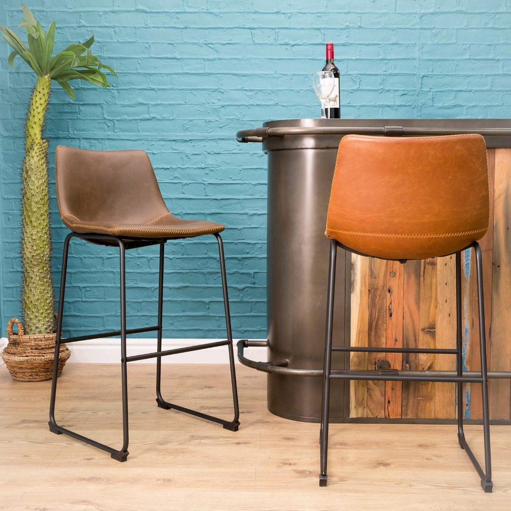 Modern Brown PU Leather Scoop Back Bar Stool with Dark Steel Legs - Home Furniture Interiors