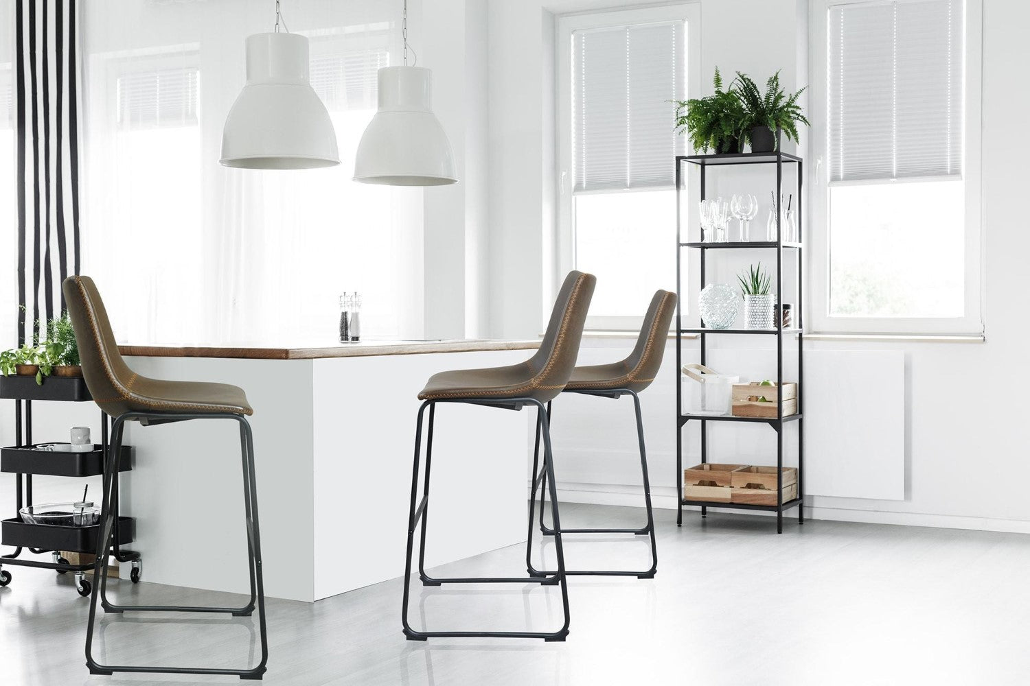 Modern Brown PU Leather Scoop Back Bar Stool with Dark Steel Legs - Home Furniture Interiors