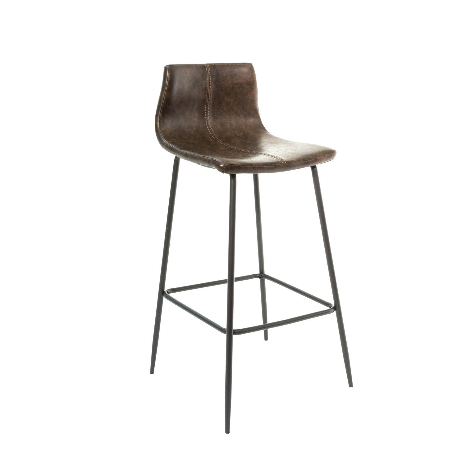 Modern Brown Vegan Leather Bar Stool with Curved Seat and Black Steel Legs
