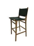 Modern Green Woven Leather and Teak Bar Stool with Backrest