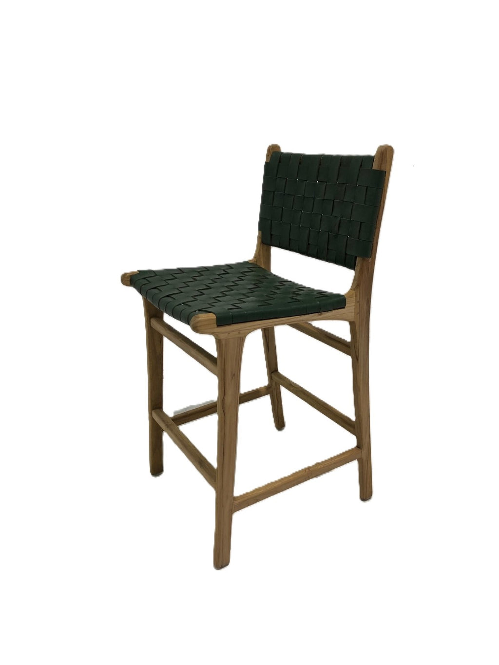 Modern Green Woven Leather and Teak Counter Stool with Backrest