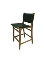 Modern Green Woven Leather and Teak Counter Stool with Backrest
