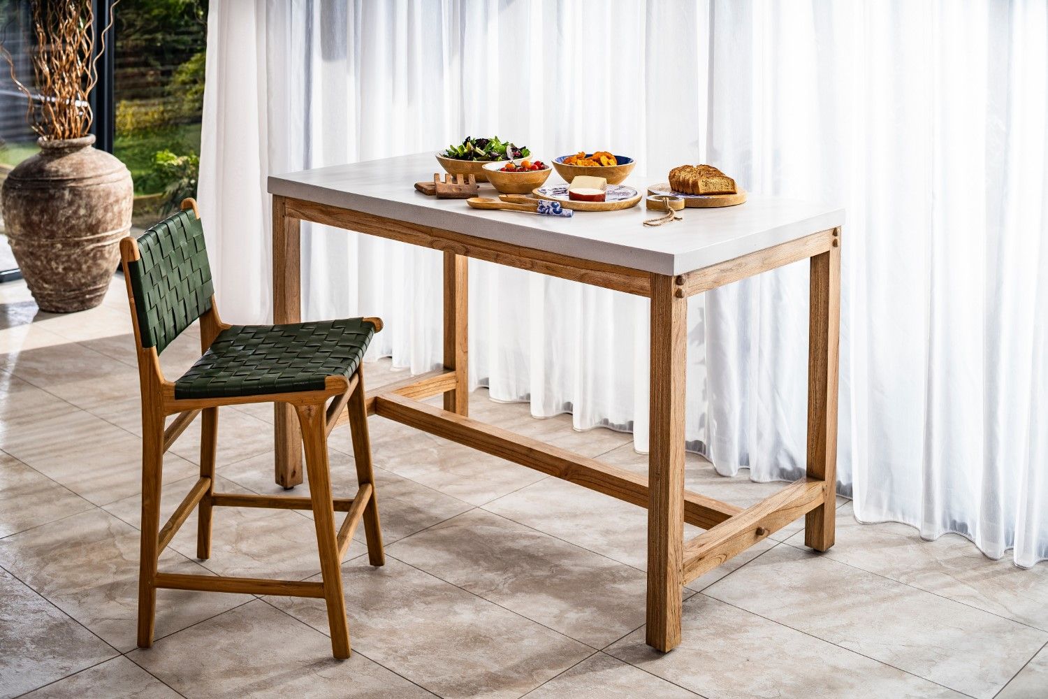 Modern Green Woven Leather and Teak Counter Stool with Backrest - Home Furniture Interiors
