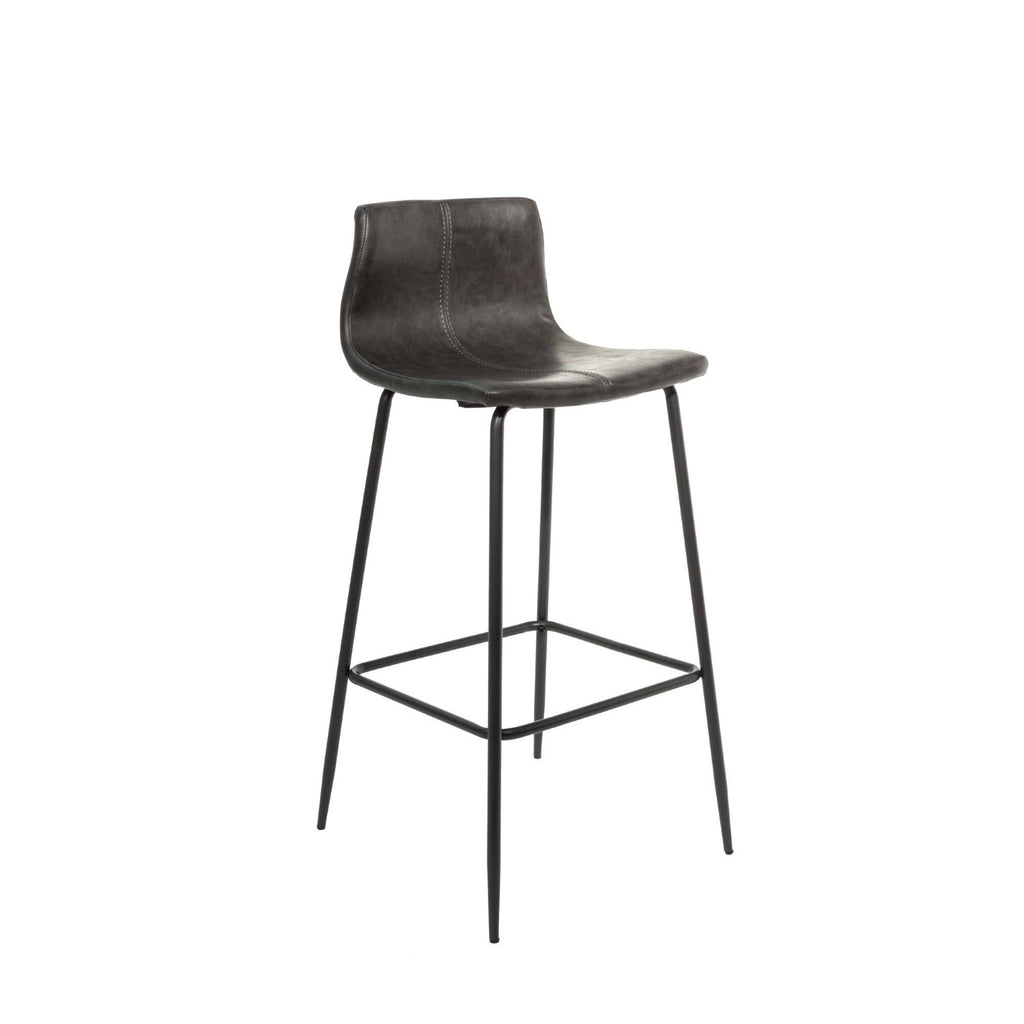 Modern Grey Vegan Leather Bar Stool with Curved Seat and Black Steel Frame